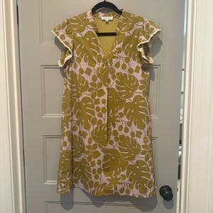 Olive palm leaf, violet background dress with flutter sleeve